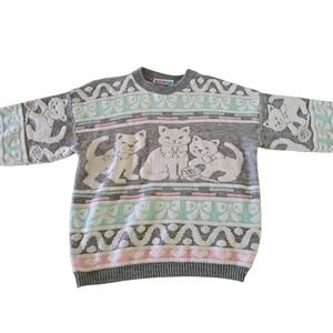 Vintage Women Kawaii Cat Sweater Grey Pastel Pink Mint Knit Made in USA 90s Cute